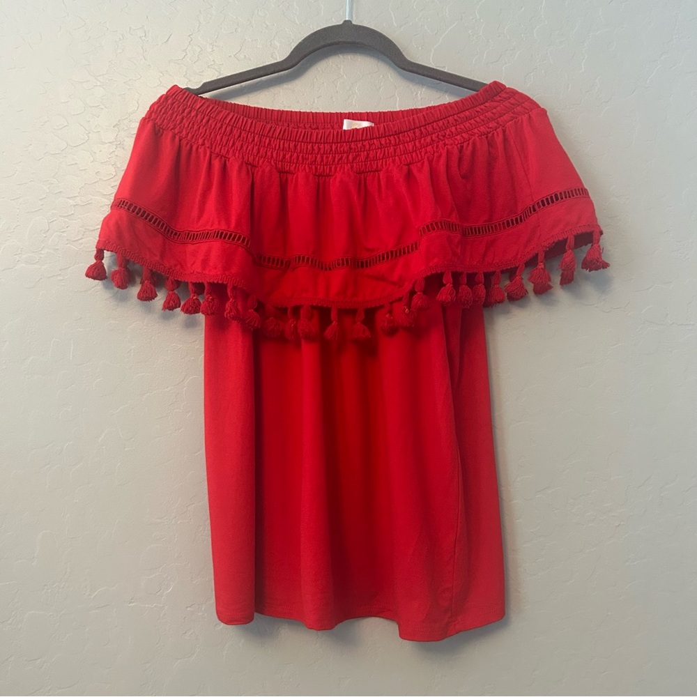 Charming Charlie red off the shoulder blouse top with tassels size medium